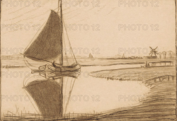 A Silent Day (original title), Drecht, print, A sailing ship on the river Drecht in South Holland. A windmill in the background on the right., printmaker: Wijnand Otto Jan Nieuwenkamp (signed by artist), 1914-07-14, paper, drypoint, intaglio printmaking technique, drypoint and plate tone, proof print, height 126 mm x width 175 mm, sailing-ship, sailing-boat, A pencil drawing of a waterside scene dominated by a large sailboat in the foreground with darkly shaded sails and slender rigging, its hull reflected in calm water below. The shoreline curves gently to the right with textured grasses and linear furrows, and in the background a low horizon shows small buildings and a windmill with sails. Near the right shore a small figure stands beside a smaller animal, and faint horizontal marks suggest clouds in the sky. The image is rendered in soft sepia tones with thin, sketchlike lines and subtle shading.