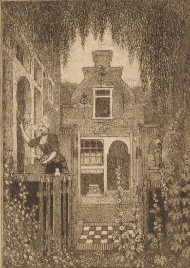 At the front door (original title), Woman in traditional costume knocking on a front door in Edam, print, A woman in traditional costume knocks on the front door of a house in Edam. She is carrying a basket. In the foreground, climbing plants and two statues of lions on pedestals., printmaker: Wijnand Otto Jan Nieuwenkamp (signed by artist), 1914-08-11, 1914-09, paper, etching, intaglio printmaking technique, etching with plate tone on copper, proof print, height 220 mm x width 156 mm, folk costume, regional costume, statues, sculptures in garden, knocking at the door, Edam, A detailed sepia-toned illustration shows a narrow courtyard framed by tall hanging foliage from above and dense plants with flowers along the sides. In the foreground a checkerboard-tiled path leads toward a small gate and a brick building with ornate brickwork and decorative ironwork. A woman in period dress and a bonnet stands near an open doorway on the left, holding a basket and touching the doorframe. The cou...