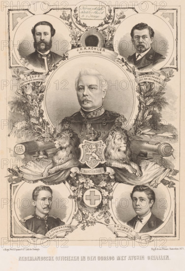Dutch officers fallen in the war with Atchin, Portraits of five Dutch officers, print, Portraits of CE Sepp, Johan Harmen Rudolf Köhler, JJ Engelvaart, J. Vogelenzang and BH Zimmer., : 'Registered.', printer (person): Spanier & Zn, widow Elias, The Hague, publisher: Nijgh & Van Ditmar, Rotterdam, 1873, printmaker, printer (person), paper, tone lithograph, tone lithograph in black with tone block in beige, height 325 mm x width 239 mm, Person, officer, A vertically oriented sepia lithograph showing a central circular portrait of a middle-aged man with light hair and a mustache wearing a decorated military uniform, framed by ornate foliage and heraldic elements; above him are two smaller circular portraits of bearded men in formal attire, each set within decorative wreaths, and between them a small circular emblem with ornamental flourishes; below the central portrait are two reclining lions flanking a detailed coat of arms topped by a crown and surrounded by drapery and foliage, with a ...