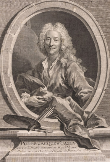 Portrait of Pierre-Jacques Cazes, Pierre Jacques Cazes, print, printmaker: Jacques-Philippe Le Bas, after painting by Jacques-André-Joseph Aved, 1730, paper, etching, engraving, height 382 mm x width 262 mm, Person, Pierre-Jacques Cazes, historical persons, portrait, self-portrait of artist, A detailed engraved portrait of a man with long, curly hair shown from the waist up and seated within an oval stone frame, wearing loose draped clothing with folds and holding fabric in his hands, a painter's palette and brushes resting on the ledge below the frame, and a textured brick-like background surrounding the oval.
