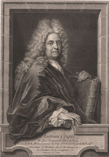 Portrait of Antoine Coypel, Antoine Coypel, print, printmaker: Jean Baptiste Massé, 1717, paper, engraving, etching, height 359 mm x width 250 mm, Person, historical persons, portrait, self-portrait of painter, A sepia-toned engraved portrait shows an older man seated within a framed niche, wearing a voluminous curly wig and a dark draped robe with visible folds and sheen. His face is turned toward the viewer with a composed expression, and one hand rests on a large ornate book while the other hand rests on a rolled object on a ledge. The background inside the niche is textured uniformly darker than the surrounding architectural border, which resembles stone blocks. Decorative edging and a carved ledge are visible beneath the figure. The engraving technique and fine crosshatching are visible throughout the image.