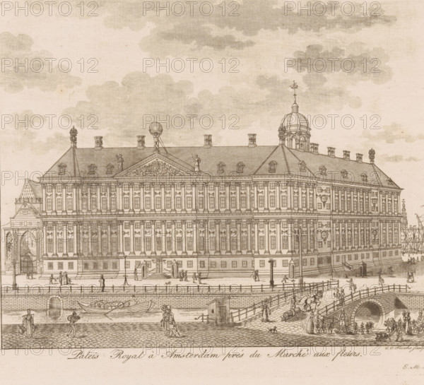 View of the Royal Palace in Amsterdam, Royal Palace in Amsterdam near the flower market, print, monogram: 'EMd', printmaker: Karel Christiaan Fuchs, 1802 - 1855, paper, etching, intaglio printmaking technique, height 168 mm x width 200 mm, palace, Amsterdam, Royal Palace of Amsterdam, A wide architectural drawing of a large classical building with a detailed façade of many windows and decorative elements, a pitched roof punctuated by dormer windows and chimneys, a central pediment topped by a sculptural group and a figure holding a spherical object, and a domed tower with a small flag at its peak; the foreground shows a riverside scene with a stone embankment, a bridge arching over the water, boats moored along the quay, and numerous small human figures walking, standing, and interacting on the riverside and bridge, with lampposts, barrels, and other street fixtures scattered along the scene and clouds sketched across the sky.
