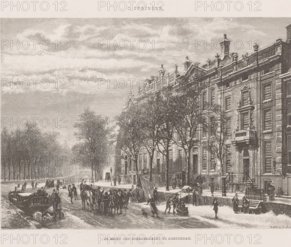 Winter view of the bend in the Herengracht in Amsterdam, The bend of the Herengracht in Amsterdam, print, printmaker: Emil Ost, after design by Cornelis Springer, 1856 - c. 1921, paper, wood engraving, letterpress printing, with text in letterpress, height 329 mm x width 499 mm, skates (winter sports), bridge in city across river, canal, sleigh, sledge (non-sport), Amsterdam, Herengracht (Amsterdam), A wide city street scene rendered in a detailed monochrome engraving showing a long row of ornate multi-story buildings with decorative facades, balustrades, chimneys, and sculptural elements along the right side, bare winter trees lining the sidewalk, a frozen canal or roadway in the foreground with people walking, standing, and engaging in various activities, horse-drawn carriages and a boat at the canal edge, groups of figures clustered together, street lamps and steps leading up to building entrances, and a sky filled with horizontal cloud textures above the scene.