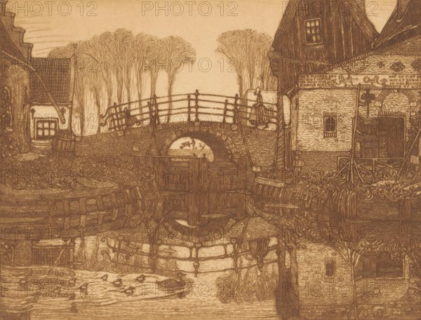Servant's lock in Edam, The small lock, Edam (original title), print, On the lock a woman and a girl in traditional costume. Houses on either side of the lock. In the foreground a duck with ducklings in the water., printmaker: Wijnand Otto Jan Nieuwenkamp (signed by artist), 1903-08, 1910-10, Wijnand Otto Jan Nieuwenkamp, printmaker, paper, etching, intaglio printmaking technique, etching with plate tone in brown on copper, proof print, height 138 mm x width 176 mm, folk costume, regional costume, water-birds: duck, sluice, weir, Edam, A sepia-toned drawing of a riverside village showing an arched stone bridge with a railing and figures walking across it, flanked by buildings with tiled roofs and timbered walls, barrels and baskets near the water, a small boat beneath the bridge, clustered tall leafed trees behind the bridge, a stone archway with a window and doorway on the right building, reflections of structures and the bridge visible in the water, and ducks swimming on the water su...