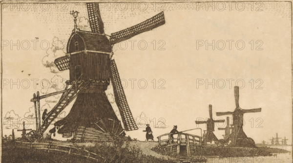 Wipmolens on the Vlist between Haastrecht and Schoonhoven, Watermills near Gouda (original title), print, In the middle a bridge with a woman in clogs and a man with a fishing rod on it. They are looking at each other., inscription: 'Plate destroyed, edition 50 copies, sold out', printmaker: Wijnand Otto Jan Nieuwenkamp (signed by artist), 1903-04-28, 1912-07, paper, etching, intaglio printmaking technique, etching with plate tone on copper, height 138 mm x width 188 mm, windmill in landscape, river, Krimpenerwaard, Vlist, An etched landscape showing a large traditional windmill with detailed sails and wooden body on the left, a set of stairs and a small platform attached, and smaller windmills in the distance on the right; grassy foreground with a winding path leading to a small arched wooden bridge over a narrow waterway; two small human figures near the bridge, one standing and one seated on the bridge holding a long pole; scattered clouds in the sky and a few small birds; weathered...
