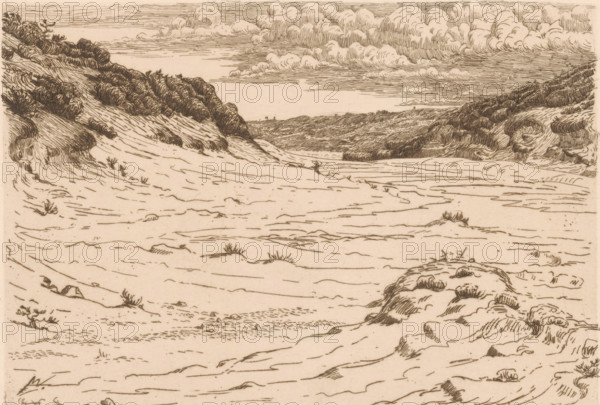 Dune landscape, print, printmaker: Maurits van der Valk (signed by artist), 1867 - 1922, paper, etching, intaglio printmaking technique, height 139 mm x width 198 mm, dunes (sea not visible), in the dunes, A wide, horizontal etching of a sandy landscape framed by low, rounded dunes and scrubby vegetation, with textured lines indicating windswept sand in the foreground and denser, darker hatch marks forming clustered bushes on the dune slopes to left and right; a strip of distant hills stretches across the midground beneath a sky filled with layered, billowing clouds rendered in fine parallel and curved strokes, and small tufts of grass and scattered pebbles dot the sandy surface.
