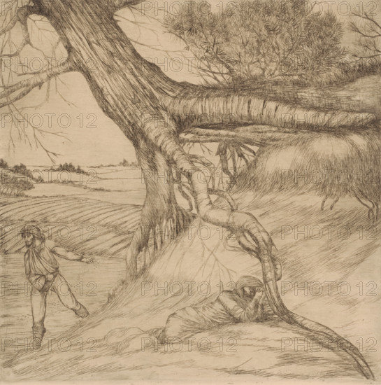Sower and reclining figure with folded hands in a landscape, print, printmaker: Eugène Joors (signed by artist), 1860 - 1910, paper, etching, drypoint, intaglio printmaking technique, height 217 mm x width 216 mm, sowing, plowed field, A detailed pen-and-ink landscape shows a large gnarled tree with thick twisting trunk and exposed roots occupying much of the scene, its branches stretching outward with fine twigs and a dense cluster of thin-leaved foliage near the top right; a figure stands to the left with an outstretched arm and loose clothing and boots, and another figure sits curled against the tree roots with arms wrapped around knees and head bowed; the ground is textured with sweeping lines suggesting furrows or gentle slopes, and distant low vegetation and a horizon are visible through the branches.