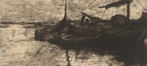 Ships in a canal (original title), print, printmaker: Floris Verster, 1889, paper, chine collé, etching, drypoint, intaglio printmaking technique, etching and drypoint with plate tone on chine collé, height 110 mm x width 237 mm, sailing-ship, sailing-boat, canal, A monochrome etching shows a shoreline scene with several moored boats clustered along the water's edge, their hulls and masts rendered in dense, dark hatch marks against a lighter sky and reflective water surface; two figures stand on one of the boats, silhouetted by the surrounding lines, while rigging and spars extend overhead and cast strokes across the composition, and the water mirrors the boats and sky with horizontal and swirling etched lines.