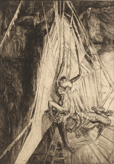 Spiderweb with humanoid spider that has captured a man, L'Araignée, print, Creature with the lower body of a spider and the upper body of a woman bends over the body of a man., printmaker: Marcel Roux (signed by artist), 1910, Marcel Roux, printmaker, paper, etching, intaglio printmaking technique, drypoint, height 446 mm x width 312 mm, (corpse of) man eaten by animals, spiders, A detailed monochrome etching shows a skeletal, emaciated human figure suspended by ropes or straps, the head tilted back and the mouth open, muscles and ribs pronounced; the limbs are thin and angular with one arm extended upward and the other draped down. The suspension lines fan outward across the composition, intersecting with triangular and linear shapes that create a sense of structure behind the figure. Dark, heavily hatched areas form a textured background with dense vertical and diagonal strokes, while lighter, more sparse crosshatching defines planes and surfaces around the central figure. At the low...