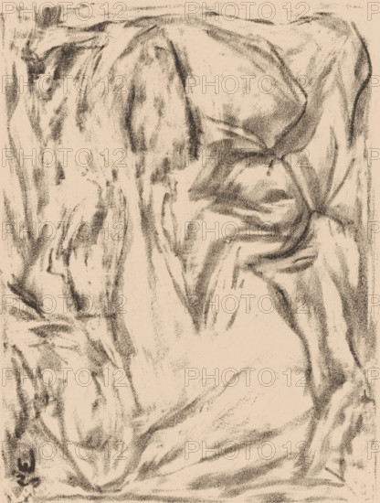 Abstract composition, print, printmaker: Erich Wichmann, 1920, paper, lithography, height 240 mm x width 178 mm, Abstract, Non-representational Art, A close-up view of a textured surface with dark charcoal-like smudges and strokes on a light beige background forming irregular flowing folds and creases that resemble rumpled fabric, with areas of denser shading creating shadowed contours and lighter patches suggesting raised sections, the marks varying in thickness and grain to produce an overall pattern of organic, curving lines and soft-edged shapes across the entire image.