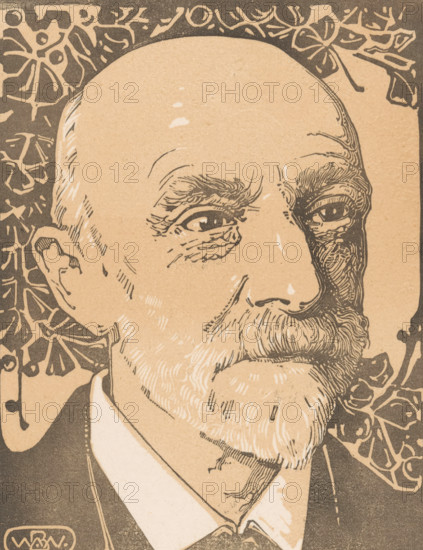 Portrait of MW van der Valk (original title), print, printmaker: Bernard Willem Wierink, 1917 - 1918, paper, relief printing, plate cut (term used by the maker), height 212 mm x width 160 mm, This print is presumably a plate cut, even though the literature often refers to it as a woodcut. Insofar as Wierink himself further described his relief prints, he always used the term 'plate cut'., Person, Maurits van der Valk, historical persons, portrait, self-portrait of artist, A close-up illustration of an older man’s face rendered in two-tone ink on paper, showing a bald forehead, detailed eyebrows, deep-set eyes with visible eyelashes, a pronounced nose, and a mustache with a short beard; the skin is textured with linework indicating wrinkles and shading, and part of an ear is visible at the left; he wears a collared shirt and suit jacket at the bottom, and decorative floral and geometric patterns form the background.