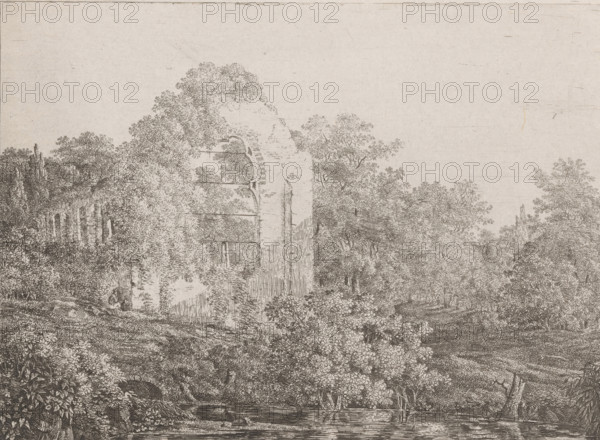 View of the ruins of De Haar Castle, print, printmaker: Adriaan Jacob Willem van Dielen, 1810, paper, chine collé, etching, height 172 mm x width 230 mm, landscape with ruins, ruin of a dwelling, house, castle, Haarzuilens, De Haar Castle, A detailed monochrome drawing shows a ruined stone structure partially overgrown with dense foliage, with arched openings visible through the leaves; surrounding the ruin are many trees and bushes rendered with fine lines, and a path or clearing leads past the vegetation toward the right side of the scene; in the foreground there is a small body of water with reflections and a fallen log or beam across it, and the sky above is mostly empty with subtle paper texture.
