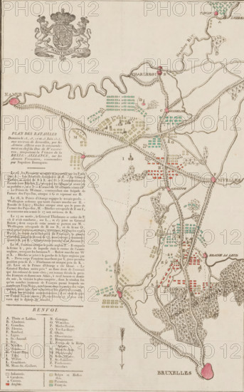 Plan des Batailles Données le 15, 17, 17 et 18 Iuin 1815, aux environs de Bruxelles, par les Armées Aliées sous le commandement en chef du Duc de Wellington, remportant la Victortoire de la Belle-Alliance, sur les Armées Francaises, commandées par Napoléon Buonaparte, Kaart met de veldslagen bij Quatre-Bras en Waterloo, 15-18 juni, 1815, print, map, Kaart van de streek tussen Brussel en Charleroi waar tussen 15-18 juni 1815 veldslagen waren uittussen tussen de armies van de Geallieerden en het French army under Napoleon. Op de kaart zijn de strijdorde van de armieden. With a description of the battles and a legend in French. The various places and armies indicated in colors., printmaker, Netherlands, paper, etching, woodcut, letterpress printing, hand coloring, etching and engraving, the coat of arms in woodcut and the text in letterpress, partly hand-colored, height 380 mm x width 255 mm, Person, Napoleon I (Emperor of the French), Arthur Wellesley or Wellington, maps of separate coun...