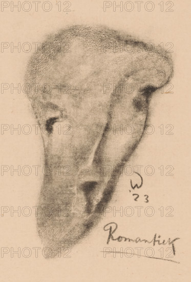 Romanticism (original title on object), Idealists II and further Notes (original series title), print, An abstracted face., printmaker: Erich Wichmann, 1923, paper, lithography, height 197 mm x width 150 mm, caricatures (human types), A charcoal or pencil sketch of a human ear shown from the side on a textured beige paper background, rendered with soft shading and stippled marks that define the outer curve, inner folds, and shadowed cavity, with darker tones accentuating the ear canal and lower lobe and lighter smudging suggesting subtle surface texture.