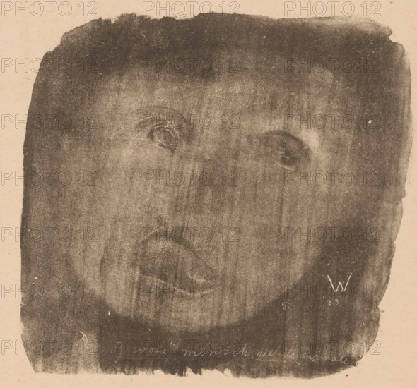 The 'ordinary' person, not the 'normal' (original title on object), Idealists II and further Marginal Notes (original series title), print, A face against a dark background., printmaker: Erich Wichmann, 1923, paper, lithography, height 173 mm x width 161 mm, caricatures (human types), A roughly rectangular dark charcoal smudge covers most of the image on a light beige background, with uneven edges and a textured grainy surface, faint circular impressions that resemble shallow depressions, subtle lighter streaks and scratches across the dark area, and a few small isolated lighter spots near the edges.