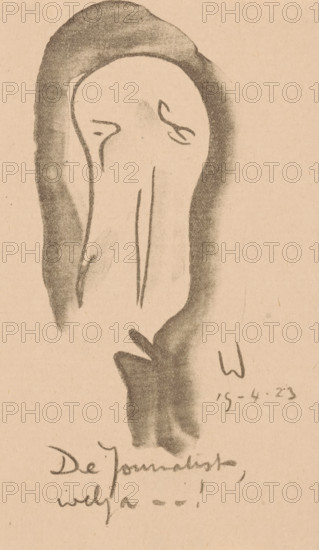 Caricature of a journalist, Idealists II and Further Notes (original series title), print, At the bottom of the text: 'The Journalist, well then..!', printmaker: Erich Wichmann, 1923-04-19, paper, lithography, height 185 mm x width 114 mm, journalist, reporter, caricatures (human types), A vertical charcoal sketch on tan paper showing a hooded head with a long narrow face and simplified facial marks, dark shading around the hood and along the sides of the figure, a darker shaded area suggesting a collar or garment below the face, and faint handwritten marks and scribbles near the lower right and bottom edges.