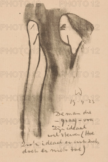 Two abstracted figures, Idealists II and further Marginal Notes (original series title), print, At the bottom of the text: 'The man who - willingly - wants to die for his ideal (What such an ideal looks like does not matter)'., printmaker: Erich Wichmann, 1923-04-19, paper, lithography, height 177 mm x width 125 mm, caricatures (human types), A charcoal sketch on beige paper depicting the back view of a person wearing a long flowing garment with soft, smudged shading and bold contour lines, the head turned slightly to the side showing a minimal facial outline and a dark sweep of hair, with elongated arm shapes and shadowed folds extending downwards, and additional faint marks and smudges around the figure.