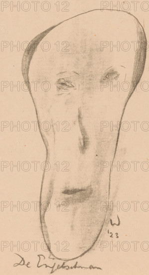 The Englishman (original title on object), Idealists II and Further Notes (original series title), print, Elongated face of a man with a bald head., printmaker: Erich Wichmann, 1923, paper, lithography, height 216 mm x width 150 mm, caricatures (human types), A tall, elongated oval face drawn in charcoal on tan paper, with faintly sketched eyes near the upper third, subtle shading suggesting a long nose and a small, darkened mouth area, darker charcoal outlining the curved sides of the head and lighter smudged tones across the surface, and a small dark mark and an ink-like stroke visible near the lower right edge.