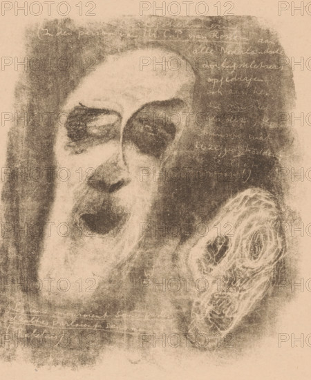 Two narrow faces with empty eye sockets, print, In the background text fragments, including a quote from François Rabelais., printmaker: Erich Wichmann, 1900 - 1925, paper, lithography, height 189 mm x width 163 mm, Person, François Rabelais, caricatures (human types), A close-up monochrome drawing of a face with closed eyes and an open mouth rendered in textured charcoal tones on a beige background, with dark shaded areas around the eyes and mouth and lighter, smudged shading on the forehead and cheek, a separate textured oval form with coiled, line-filled interior near the lower right, and faint cursive handwriting visible in the darker area to the right and along the top and bottom edges.