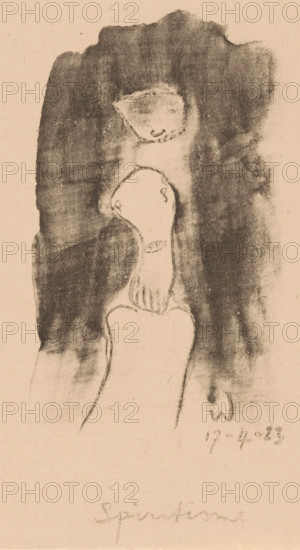 Spiritisme (original title on object), Idealisten II en verder Kanttekeningen (original series title), print, A spirit hovers above an abstracted figure., printmaker: Erich Wichmann, 1923-04-17, paper, lithography, lithografie, height 192 mm x width 144 mm, caricatures (human types), materialization, appearance of spirit or ghost, A vertical rectangular image with a pale beige background showing a dark, roughly rectangular charcoal or ink wash area occupying the upper two thirds, with uneven edges and textured shading. Within the dark area near the top there is a lighter, roughly triangular shape with a textured interior. Below that, centered, a lighter vertical form emerges from the darker wash, suggesting an elongated head-like outline with a single eye-like shape on one side and faint contour lines indicating a neck and a hand-like cluster of short vertical marks near the base of the neck. The lower portion of the image shows a pale, curved torso-like shape outlined faintly against ...