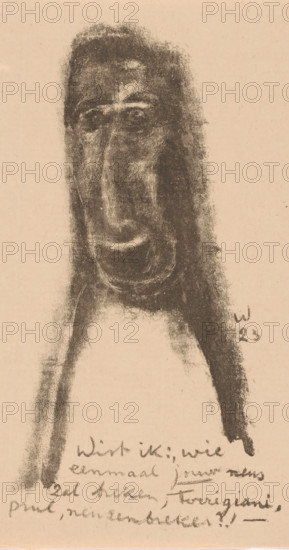 Caricature figure with open mouth, Idealists II and further Marginal Notes (original series title), print, At the bottom of the text: 'If only I knew: who will one day break your nose, Torrigiani, rubbish, nose-breaker?!-'., printmaker: Erich Wichmann, 1923, paper, lithography, height 198 mm x width 117 mm, caricatures (human types), A charcoal-like sketch of a tall elongated head and shoulders on a beige background, with dark smudged shading forming narrow hair around the face, deep-set eyes, a long nose, and a broad mouth, and darker shaded strokes extending down to suggest a torso, with faint scribbled marks near the lower edge.