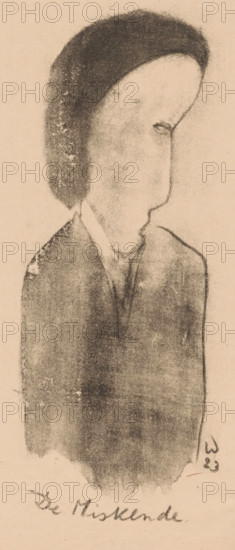 The misunderstood (original title on object), Idealists II and further Marginal Notes (original series title), print, A standing figure with black hair and an abstracted face., printmaker: Erich Wichmann, 1923, paper, lithography, height 220 mm x width 104 mm, caricatures (human types), A monochrome charcoal or pencil drawing of a person shown from the shoulders up in profile facing right, with a large rounded head, a textured dark hair or head covering, a long smooth forehead, a simplified eye and nose, and a faintly indicated mouth; the figure wears a dark, softly shaded garment with a lighter collar area, and the background is a plain light paper surface with areas of smudging and uneven shading.