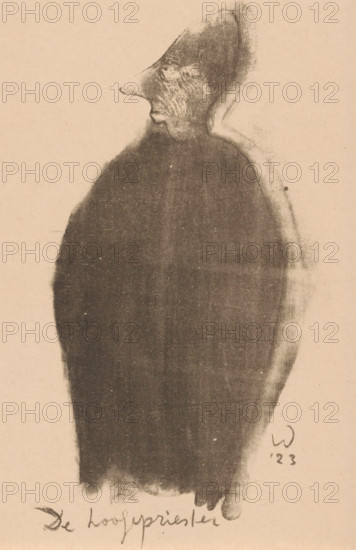The High Priest (original title on object), print, Caricature of a High Priest., printmaker: Erich Wichmann, 1923, paper, lithography, height 206 mm x width 144 mm, caricatures (human types), high priest, hierarchy of priests, A tall, dark, roughly oval-shaped charcoal silhouette fills most of the image, with a lighter, textured background. At the top left of the silhouette there is a profile of a face drawn in a sketchy, smudged style, showing a prominent hooked nose, a partially visible eye, and a small mouth, with rough facial lines suggesting texture. The silhouette has soft, uneven edges with areas of heavier charcoal and faint streaks, and a subtle halo of lighter smudging around its right side. The background is a pale, slightly mottled tone.