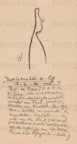 Caricature figure, Idealists II and Further Notes (original series title), print, At the bottom of the text: ''That is our holy I-i-i-l-i-e-al!..'! E.g.: the brave SDAP, not understanding and - sharing the blessings of socialism)'., printmaker: Erich Wichmann, 1923, paper, lithography, height 235 mm x width 130 mm, caricatures (human types), A vertical sketch on a beige paper showing a tall, narrow, roughly outlined humanoid figure with a long neck and a small head, drawn in dark sketchy charcoal lines, with short vertical strokes under the head suggesting fringe or teeth, and a curved arm-like protrusion; below the figure there is a block of dense, dark, cursive-like scribbled writing and a few short lines of similar marks to the left of the figure.