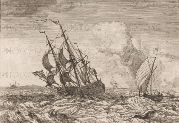 Seascape with ships, print, printmaker: Adrien Manglard, Rome, 1753, paper, etching, intaglio printmaking technique, height 227 mm x width 317 mm, ships (in general), sea (seascape), A detailed pen-and-ink scene of sailing ships on choppy water, showing a large multi-masted ship with numerous furled and billowing sails and visible rigging toward the left, a smaller boat with a tall sail and figures aboard on the right, distant vessels on the horizon, foamy waves in the foreground, and textured clouds and streaked sky above.