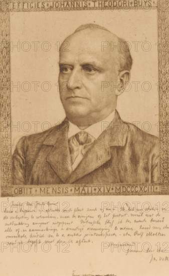 Effigies Johannis Theodori Buys Obiit mensis Maii XIV MDCCCXCIII, Portrait of Johannes Theodoor Buys, print, With message from the artist to the publisher., inscription: 'Dear Mr. Gouda Quist, This and the accompanying print are prints of the plate, Jan Veth', printmaker: Jan Veth (signed by artist), publisher: Paulus Gouda Quint, 1893, paper, etching, intaglio printmaking technique, etching with plate tone, proof print, height 297 mm x width 198 mm, Person, Johannes Theodoor Buys, historical persons, A sepia-toned portrait drawing of a middle-aged man shown from the chest up, facing slightly to the viewer's left, with a bald forehead and short hair at the sides, wearing a collared shirt, a patterned necktie, and a suit jacket; the image is framed by a decorative border with a patterned vertical design at the sides and a horizontal band at the top and bottom, and handwritten cursive text appears beneath the portrait on the lower portion of the paper.