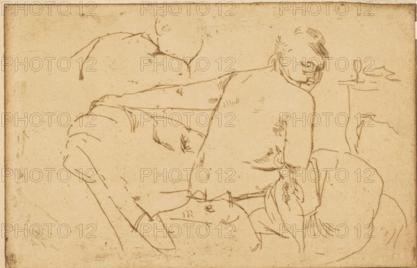 Seated female semi-nude, print, Study of a seated female nude seen from the back, shown twice., printmaker: George Hendrik Breitner, c. 1891 - c. 1892, ink, materials by function, paper, printing ink, drypoint, intaglio printmaking technique, drypoint and plate tone in brown, pasted on paper, height 193 mm x width 296 mm, height 276 mm x width 397 mm, woman (showing herself) undressed, quasi-nude, A sepia-toned sketch on aged paper showing thin, uneven contour lines that form reclining human figures and draped fabric; one figure faces away with a turned head and visible facial outlines, another is partially reclined with limbs and folds of clothing indicated by quick hatch marks; loose, minimal lines suggest a chair or cushion beneath them and a small table with a stemmed glass near the right edge; the paper has a darker border, smudges, and scattered speckling across the surface.