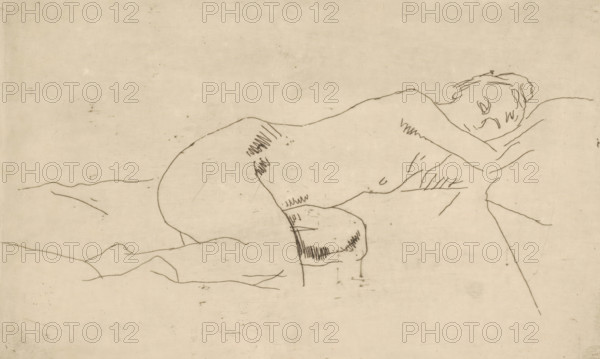 Reclining Female Nude, print, Female nude lying on her side, her head to the right., signature: 'GHBreitner', printmaker: George Hendrik Breitner (signed by artist), c. 1891 - c. 1893, ink, materials by function, paper, printing ink, etching, intaglio printmaking technique, etching with plate tone, height 179 mm x width 177 mm, height 316 mm x width 206 mm, woman (showing herself) undressed, quasi-nude, A simple line drawing on a pale, textured background shows a reclining nude figure lying on a surface with head resting on an arm and eyes closed; the body is outlined with thin, sketchy lines, with minimal shading marks on areas like the torso and limbs, and a few stray lines indicate folds of the surface beneath and the surrounding space.