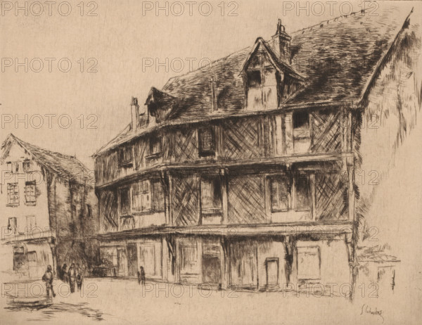 La maison du saumon (Chartres), Street with houses and walkers in Chartres, print, watermark, printmaker: Gustave Leheutre (signed by artist), 1928, paper, etching, drypoint, intaglio printmaking technique, height 210 mm x width 272mm, street, Chartres, A sepia-toned sketch of a street scene showing a large timber-framed building with visible wooden beams, a covered upper gallery, and steeply pitched roofs with dormer windows and chimneys, adjacent to smaller buildings with shuttered windows; faint figures walk along the street in front of the buildings, and simple ground and pavement lines define the foreground.