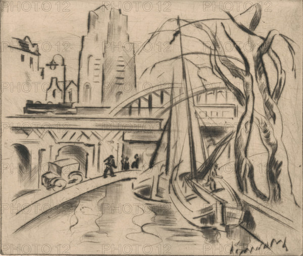 View of Rotterdam, print, In the foreground two sailboats in front of a bridge. In the background the tower of the St. Lawrence Church., printmaker: Mommie Schwarz (signed by artist), 1886 - 1931, paper, drypoint, intaglio printmaking technique, height 142 mm x width 166 mm, sailing-ship, sailing-boat, canals, waters (in city), Rotterdam, Grote or Sint-Laurenskerk (Rotterdam), A monochrome sketch shows a riverside scene with a stone bridge and arched openings, a tall vertical building with simple rectangular window slits, and smaller adjacent structures with pitched roofs. Several boats with masts are moored along the curved riverbank, their hulls and rigging rendered in dark linear strokes. Figures are sketched on the quay, one shown walking and a few standing nearby. A large tree with flowing, textured branches and leaves rises at the right edge, its trunk and limbs drawn with bold curving lines. Reflections and ripples are suggested on the water surface, and architectural details su...