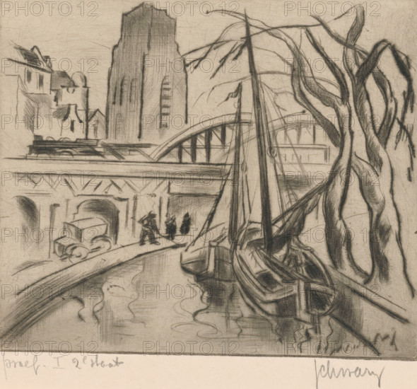 View of Rotterdam, print, In the foreground two sailboats in front of a bridge. In the background the tower of the St. Lawrence Church., printmaker: Mommie Schwarz (signed by artist), 1886 - 1931, paper, drypoint, intaglio printmaking technique, drypoint and plate tone, proof, height 142 mm x width 166 mm, sailing-ship, sailing-boat, canals, waters (in city), Rotterdam, Grote or Sint-Laurenskerk (Rotterdam), A pencil sketch showing a waterfront scene with a bridge and buildings along the riverbank, a tall vertical building rising behind lower structures, an arched bridge span, boats moored along the edge with visible masts and rigging, a curved waterfront railing, a tree with twisting trunks and drooping branches at the right, a roadway or quay with a simple vehicle and small silhouetted figures, reflections and ripples in the water, and architectural details such as arches and decorative elements on the riverside buildings.