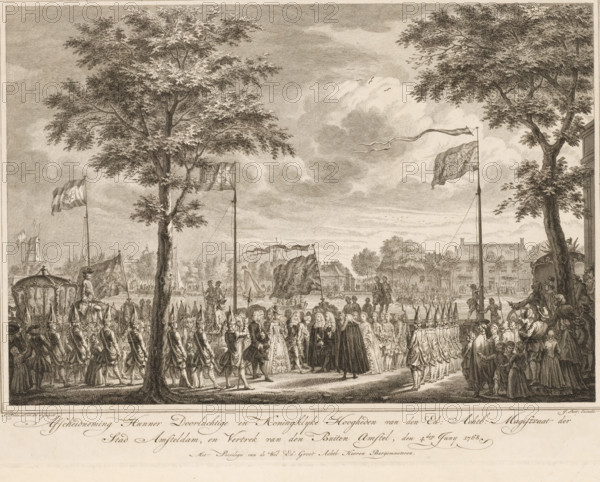 Farewell of Their Illustrious and Royal Highnesses to the Noble and Honorable Magistracy of the City of Amsterdam, and Departure from the Buiten Amstel, June 4, 1768, Farewell of William V and his wife at the Buiten Amstel, Illustration of the Joyful Events and Ceremonies that took place in Amsterdam upon the arrival and during the stay of William and his Consort, on Monday, May 30, and several subsequent days, of the year 1768, print, Stadtholder William V and Princess Wilhelmina of Prussia bid farewell to the magistracy of Amsterdam at the inn De Berebijt on the Buiten Amstel, 1768. Part of a print series with title page and fourteen plates of the reception of the prince and princess in Amsterdam, 30 May - 4 June 1768., printmaker: Simon Fokke, Northern Netherlands, after design by, publisher: Johannes Smit (publisher), grantor of privilege: Mayors of Amsterdam, 1769 - 1773, paper, etching, engraving, etching and engraving, height 295 mm x width 404 mm, Person, William V (Prince of O...