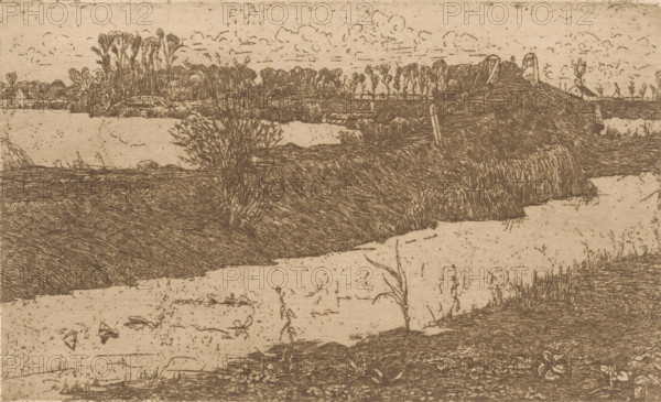 Dike along a river, Towpath (original title), print, printmaker: Maurits van der Valk (signed by artist), 1867 - 1931, paper, etching, drypoint, intaglio printmaking technique, height 127 mm x width 210 mm, dikes, levee, water course, A sepia-toned etching of a riverside landscape shows layered grassy banks and water channels stretching across the scene. In the foreground, low vegetation and scattered small plants grow on uneven ground, leading to a lighter expanse of water with faint ripples. Midground banks rise with dense, meticulously hatched textures and tufts of grass, and a cluster of taller shrubs stands near the center. Further back, a series of tree lines with varied heights and detailed foliage runs horizontally, interspersed with slender trunks. The sky above contains delicate, sketchy cloud forms and sparse linear marks. Overall the image is composed of fine incised lines and textured shading with a uniform aged paper tone.