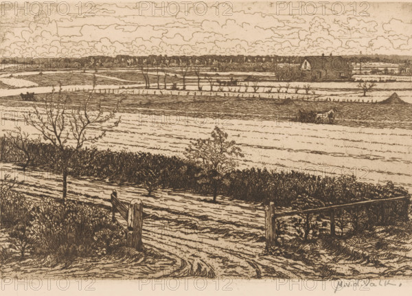 Landscape with fields and farm, print, printmaker: Maurits van der Valk (signed by artist), 1867 - 1931, paper, etching, intaglio printmaking technique, height 145 mm x width 212 mm, farm or solitary house in landscape, cultivated land, A sepia-toned etching of a rural landscape showing rolling fields divided by hedges and fences, a foreground dirt track leading through a wooden gate, bare-branched trees and low shrubs, a distant farmhouse with a pitched roof near the right side, a horse-drawn cart on a plowed field, another cart farther back, a haystack, a line of trees on the horizon, and a sky filled with layered, billowing clouds.