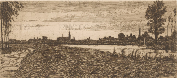 Village on the Vecht, print, printmaker: Maurits van der Valk (signed by artist), 1867 - 1931, paper, etching, intaglio printmaking technique, height 111 mm x width 242 mm, prospect of village, silhouette of village, river, Vecht, A sepia-toned landscape etching showing a wide foreground of textured grasses and gently rolling earth leading to a calm body of water, with reedlike plants along the water's edge. Beyond the water, a low, continuous line of buildings and clustered trees stretches across the horizon, punctuated by a tall, narrow spire and a slender vertical structure. On both sides of the composition, groups of tall trees frame the scene, their detailed foliage rendered with dense, linear strokes. The sky above is filled with horizontal lines and a few rounded cloud shapes, the whole image composed of fine, crosshatched ink lines on a slightly speckled paper surface.