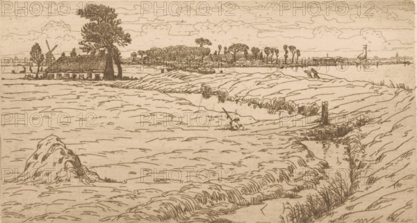 Landscape with meadow, farm and water, print, printmaker: Maurits van der Valk (signed by artist), 1867 - 1931, paper, etching, drypoint, intaglio printmaking technique, height 124 mm x width 225 mm, meadow, pasture, farm or solitary house in landscape, A sepia-toned line drawing of a flat riverside landscape with undulating banks and grassy clumps, featuring a low thatched cottage partially obscured by tall trees at the left, a windmill behind it, and a cluster of distant trees and buildings along the horizon. A small boat with a sail is visible near the right horizon, and a lone figure sits on the near bank holding a long pole. Wispy clouds stretch across the sky above the scene.