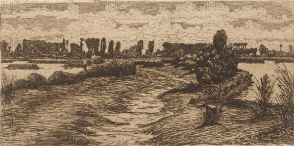 Path through landscape with puddles, print, printmaker: Maurits van der Valk (signed by artist), 1867 - 1931, paper, etching, drypoint, intaglio printmaking technique, height 124 mm x width 248 mm, road, path, landscapes with waters, waterscapes, seascapes (in the temperate zone), A sepia-toned etching of a riverside landscape showing rolling grassy banks leading down to a winding water channel, with clusters of tall, bushy trees and reeds along the shoreline and in the distance, a low horizon filled with more clustered treetops. The sky is filled with numerous billowing, textured clouds rendered with fine parallel lines, and the foreground includes tufts of grass and a small stumpy tree trunk near the water's edge. The composition emphasizes curved, closely spaced linework to depict the contours of the land, the rippling surface of the water, and the dense foliage, creating an overall detailed, linear appearance.