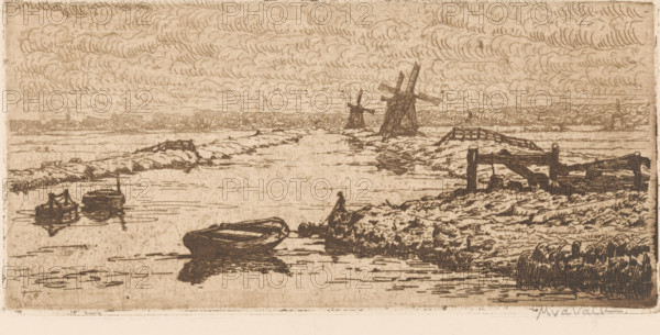 Landscape with meadows, canal and windmills, print, printmaker: Maurits van der Valk (signed by artist), 1867 - 1931, paper, etching, drypoint, intaglio printmaking technique, height 104 mm x width 214 mm, meadow, pasture, rowing-boat, canoe, canal, windmill in landscape, A sepia-toned landscape etching showing a river or canal extending toward the horizon with small boats moored in the foreground and midground, a low grassy embankment and banks on either side, wooden fences and simple structures along the shore, and three windmills standing on the distant bank. The sky is filled with layered, curved cloud forms etched across the upper half of the image, and the water surface shows reflected lines and ripples beneath the boats. Overall the scene is rendered in fine linear strokes with varied hatching to indicate texture and shading.