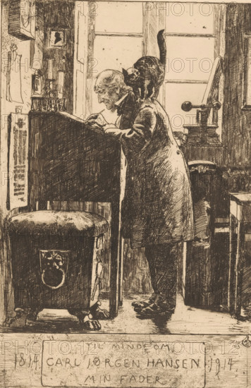 Father of the artist, Til minde om, Carl Jorgen Hansen, min fader, 1814 1914, print, Portrait of Carl Jorgen Hansen, the artist's father, writing as an old bookkeeper behind a pulpit., collector's mark: 'DDRF', printmaker: Hans Nicolai Aksel Hansen, Denmark, 1913, paper, etching, drypoint, etching and drypoint, height 298 mm x width 200 mm, historical persons, old man, An elderly man is leaning over a slanted writing desk, holding a pen and concentrating on the paper beneath his hand, while a cat stands on his shoulder with its tail raised; the man wears a long coat and has a balding head and prominent facial features, and he stands on a wooden floor in front of a large window with panes. Surrounding him are various furnishings including a cushioned stool with carved legs and a decorative ring on its side, a tall cabinet or chest near the desk, a small table with stacked books and a lamplike object, and wall hangings and framed pictures; the scene is rendered in detailed pen-and-ink li...