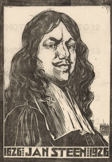 Portrait of Jan Steen, print, Half-length man, with long hair and a moustache, after the self-portrait by Jan Steen from 1626., monogram: 'PWvB', signature: 'PWv Baarsel', title: '1626: JAN STEEN : 1926', printmaker: Pieter Willem van Baarsel (signed by artist), 1926, paper, ink, materials by function, Japanese paper (handmade paper), printing ink, woodcut, woodcut on Japanese paper, height 178 mm x width 123 mm, height 267 mm x width 225 mm, Person, Jan Havicksz. Steen, A black and white engraved portrait of a long-haired person shown from the chest up, with wavy hair falling past the shoulders and prominent facial contours rendered in carved lines, a high-collared garment with layered fabric at the throat, visible shading and texture throughout the hair and clothing, a pale rectangular background surrounded by a darker border, and a small decorative square mark near the lower right edge.