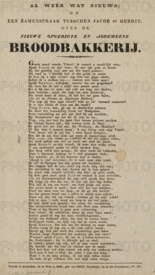 Dialogue between Jacob and Gerrit about the newly established and general bakery, Poem about the General Mechanical Bakery, text sheet, poem, printer (person): widow C. Kok née Van Kolm, Amsterdam, c. 1829, printer (person), paper, letterpress printing, woodcut, height 341 mm x width 217 mm, baker, A vertical aged paper sheet photographed from above showing a printed layout with a large bold heading near the top and multiple columns of smaller printed lines filling most of the page, printed in a dark ink that shows slight fading and unevenness; the paper has a warm beige tone with visible grain and scattered small dark specks, a few larger brownish stains toward the right center, and minor edge wear; narrow margins surround the printed area and a short decorative line appears under the main heading.