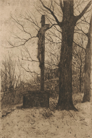 Crucifix next to tree, print, A crucifix on a stone monument, possibly a grave. In the background a brick wall., printmaker: Frans Smissaert (signed by artist), Netherlands, 1872 - 1932, paper, etching, intaglio printmaking technique, height 297 mm x width 200 mm, grave, tomb, altarcross, crucifix, A monochrome etched scene showing a tall wooden cross mounted on a rectangular base standing among bare trees and undergrowth, with a carved figure affixed to the cross, slender branches extending across the sky, a large tree trunk in the foreground partially obscuring the cross, uneven ground with scattered grasses and leaf litter, and distant leafless trees and shrubs forming a sparse background.