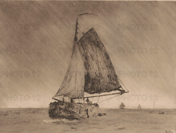 Sailing barge (original title), Sailing ship, print, printmaker: Willem Bastiaan Tholen, 1870 - 1931, paper, etching, intaglio printmaking technique, height 177 mm x width 236 mm, sailing-ship, sailing-boat, A sepia-toned drawing of a sailboat seen from behind with two large sails raised, the nearer sail darker with dense vertical hatching and the other lighter with finer lines, a mast with rigging and a small flag at the top, a hull with detailed wood grain and shading, a person seated near the stern, gentle rippling water in the foreground, a distant horizon with small triangular sails and faint vertical markers, and a textured sky filling the upper area.