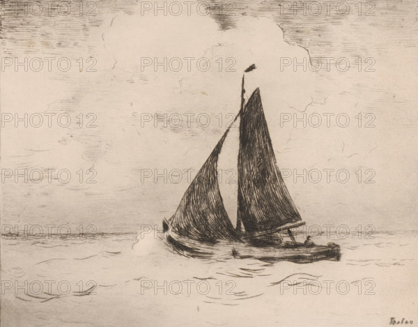 Sailboat on open water, Sailing fishing boat (original title), print, printmaker: Willem Bastiaan Tholen, 1870 - 1931, paper, etching, intaglio printmaking technique, height 180 mm x width 236 mm, sailing-ship, sailing-boat, A monochrome etching showing a sailboat on calm water with two large dark sails and a smaller foresail, a slender mast rising between them with a small pennant at the top, a low hull with visible rigging and a seated figure near the stern, soft horizontal etching marks indicating a distant horizon and subtle cloud forms in the sky, and delicate line work suggesting gentle waves across the foreground.