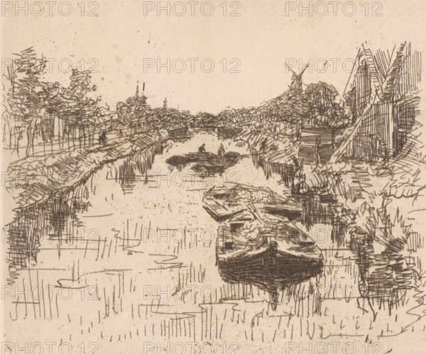 Canal (original title), Canal with barges, print, printmaker: Willem Bastiaan Tholen (signed by artist), 1870 - 1931, paper, etching, intaglio printmaking technique, height 205 mm x width 238 mm, tow-boat, towing-barge, A monochrome sketch of a river scene with boats in the water and a bank on each side, drawn with dense crosshatched and linear pen strokes that form trees, reeds, and architectural shapes along the horizon, including a windmill and clustered buildings; several small rowboats occupy the center of the river with figures seated in them, while a larger boat appears in the foreground; the right riverbank shows slanted rooflines and vertical structures, and the left bank features tall trees and vegetation, all rendered on a textured, mottled paper background.