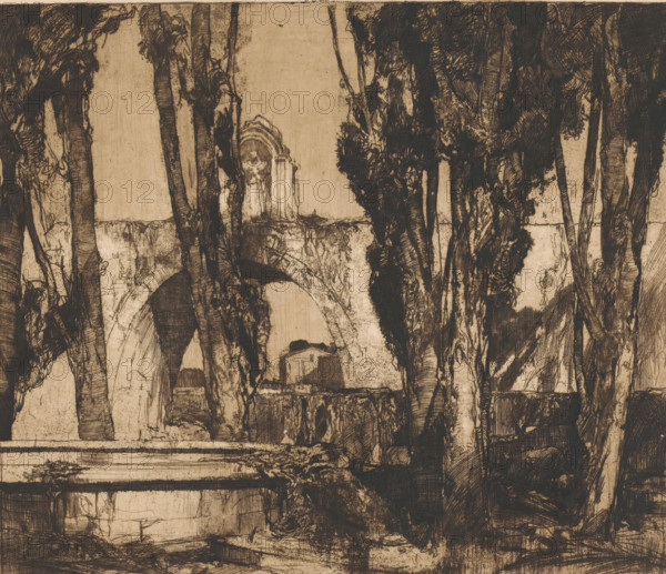 Garden in Verona (original title on object), print, printmaker: Adriaan J. van 't Hoff (signed by artist), 1903 - 1932, Adriaan J. van 't Hoff, paper, etching, intaglio printmaking technique, height 296 mm x width 346 mm, garden, trees, arch, archivolt, architecture, Verona, A sepia-toned etching showing a dense arrangement of tall, dark tree trunks and tangled foliage in the foreground framing a ruined stone arch and an old building in the background, with heavy cross-hatched shading and fine linear textures throughout, rough stone surfaces, shadowed recesses beneath the arch, and layered, scribbled lines suggesting overgrowth and weathered architectural details.